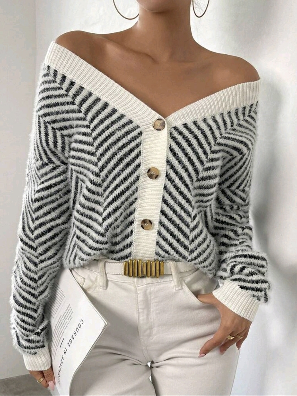 Shein Striped Pattern Button Front Cardigan Size Large Soft Furry